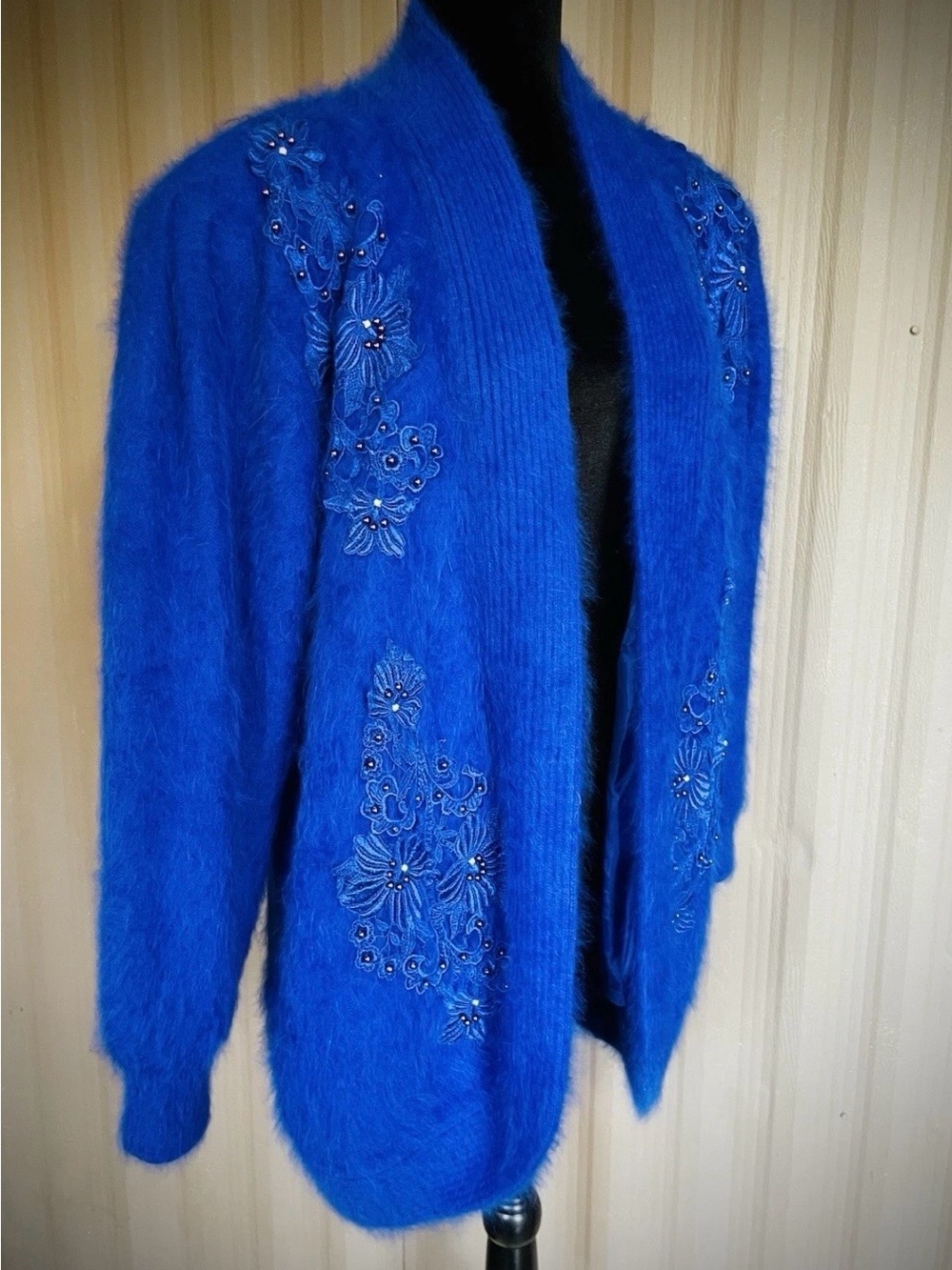 VTG 80% Angora Royal Blue Cardigan Sweater Jacket Beaded 80s Korea Puff Slv XL